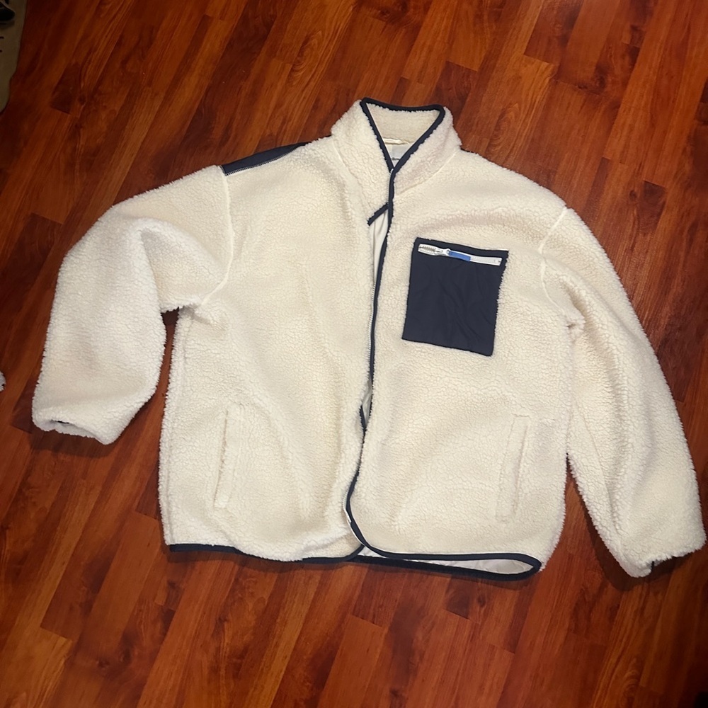 Goodfellow & Co Cream Sherpa Jacket with Navy Blue Pocket unisex XXL - Picture 8 of 12